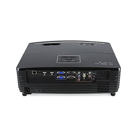 Rückseite eines schwarzen Beamers mit diversen Anschlüssen wie HDMI, VGA, Audio und Stromanschluss.