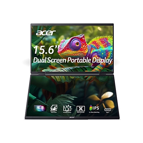 Acer 15,6 Zoll Dual-Screen tragbarer Monitor mit farbenfrohem Chamäleon-Display und technischen Icons.