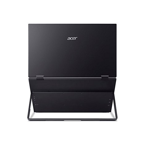 Rückseite eines schwarzen Acer-Monitors mit ausklappbarem Standfuß vor weißem Hintergrund.
