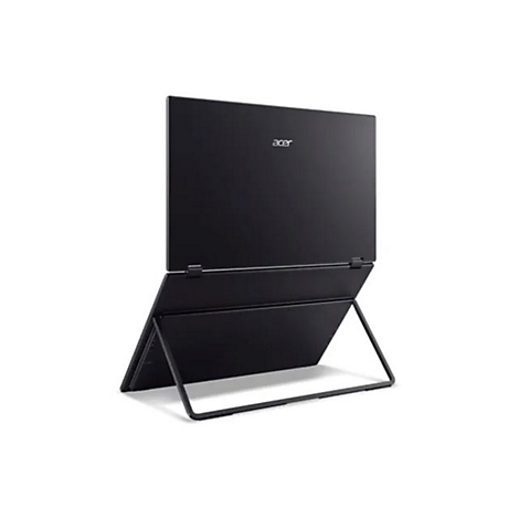 Schwarzer Acer Laptop, teilweise aufgeklappt und auf einem Ständer aufgestellt, vor weißem Hintergrund.