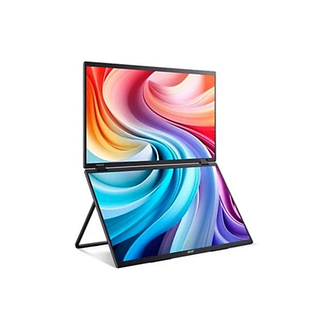 Acer Laptop mit zwei vertikal verbundenen Bildschirmen und farbenfroher abstrakter Grafik vor weißem Hintergrund.