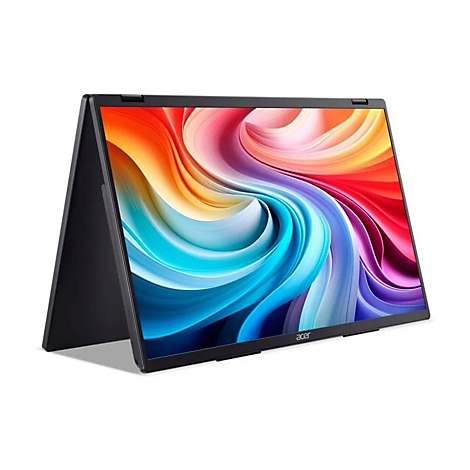 Acer Laptop in Zelt-Position auf weißem Hintergrund mit abstraktem, buntem Bildschirmhintergrund.