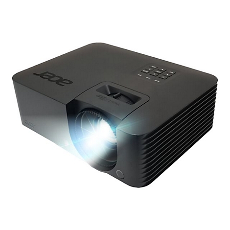 Schwarzer Acer Beamer mit leuchtender Projektionslinse vor weißem Hintergrund.