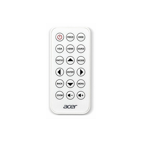 Eine weiÃŸe Fernbedienung mit runden Tasten und Beschriftungen wie VGA, HDMI und Zoom. Unten steht acer.