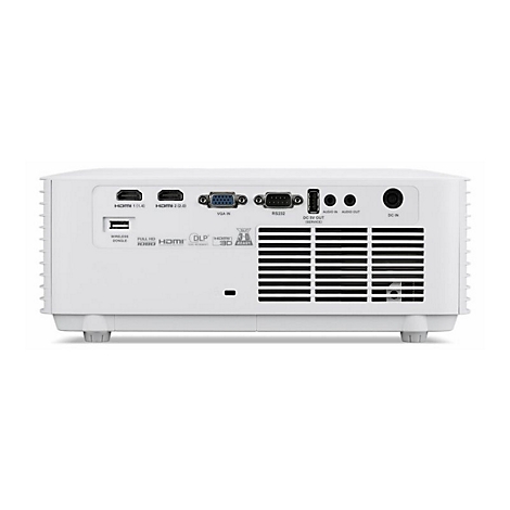 RÃ¼ckseite eines weiÃŸen Projektors mit AnschlÃ¼ssen und LÃ¼ftungsschlitzen. HDMI, USB, VGA und Audio-AnschlÃ¼sse sind sichtbar.