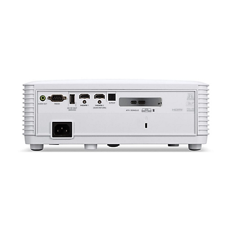 Rückansicht eines weißen Projektors mit verschiedenen Anschlüssen wie HDMI, Audio und USB.