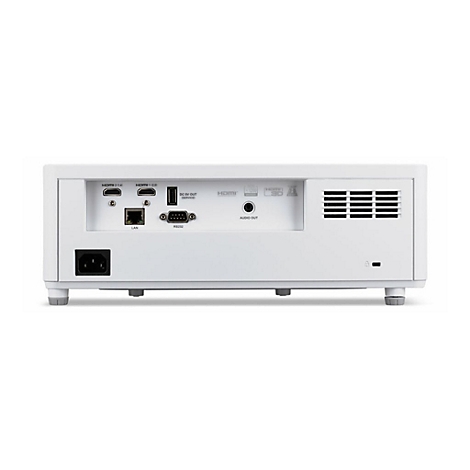 Rückansicht eines weißen Projektors mit zahlreichen Anschlüssen wie HDMI, LAN und Audio.
