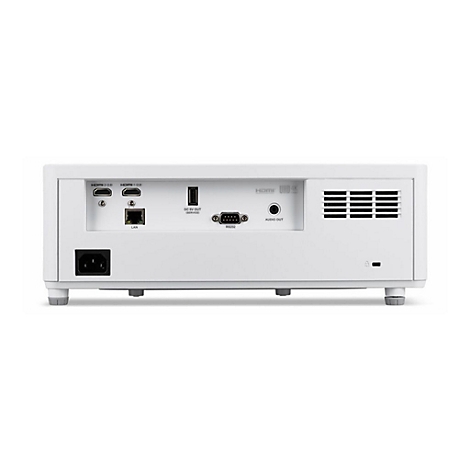 Rückseite eines weißen Projektors mit verschiedenen Anschlüssen wie HDMI, LAN, USB und Audio.