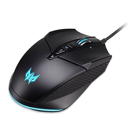 Schwarze Acer Predator Gaming-Maus mit blau beleuchtetem Logo und Mausrad vor weißem Hintergrund.