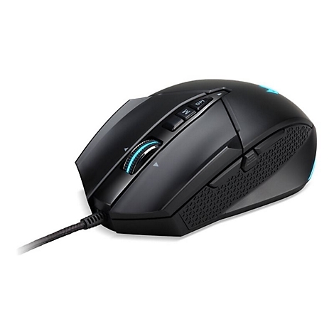 Schwarze Gaming-Maus mit blau beleuchtetem Scrollrad und DPI-Taste auf weißem Hintergrund.