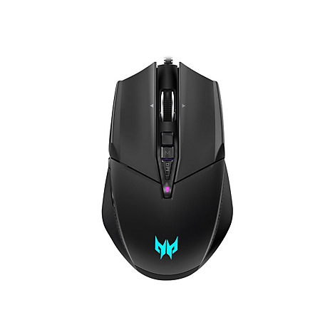 Schwarze Gaming-Maus mit blau beleuchtetem Predator-Logo und DPI-Taste auf weißem Hintergrund.