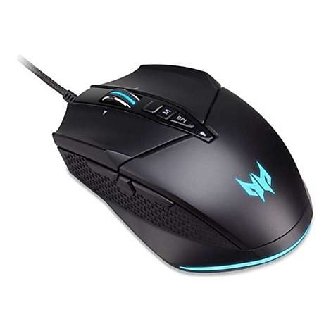 Schwarze Gaming-Maus mit blau beleuchtetem Predator-Logo und Kabel auf weißem Grund.