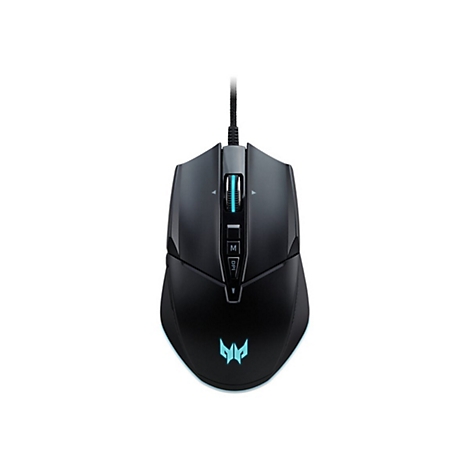 Schwarze Gaming-Maus mit blau beleuchtetem Predator-Logo und Mausrad vor weißem Hintergrund.