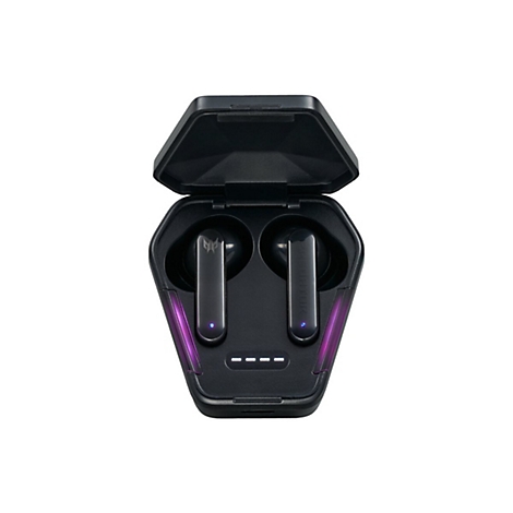 Schwarze Gaming-In-Ear-Kopfhörer in einem beleuchteten Ladecase.