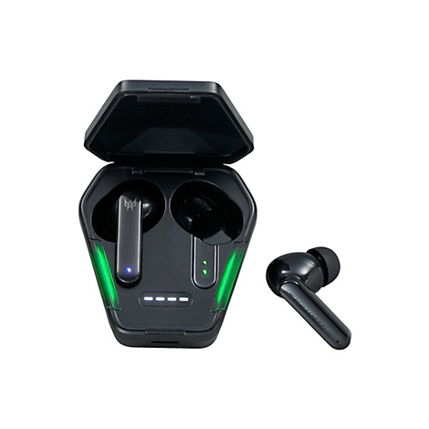 Schwarze In-Ear-Kopfhörer mit Ladecase und grüner LED-Beleuchtung auf weißem Hintergrund.