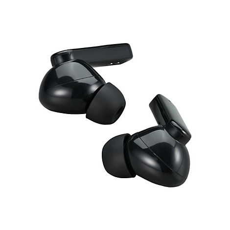 Zwei schwarze In-Ear-Kopfhörer mit glänzender Oberfläche vor weißem Hintergrund.