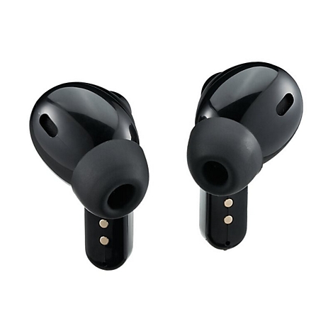 Zwei schwarze, glänzende In-Ear-Kopfhörer vor weißem Hintergrund.