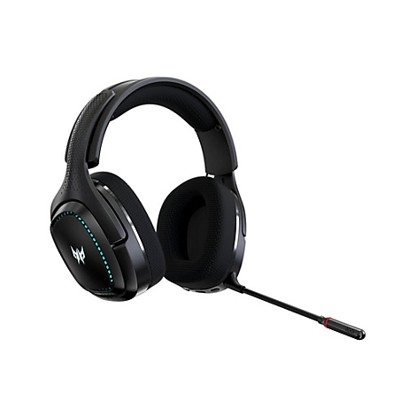 Schwarzes Predator Gaming-Headset mit blau beleuchtetem Logo und ausziehbarem Mikrofon vor weißem Hintergrund.