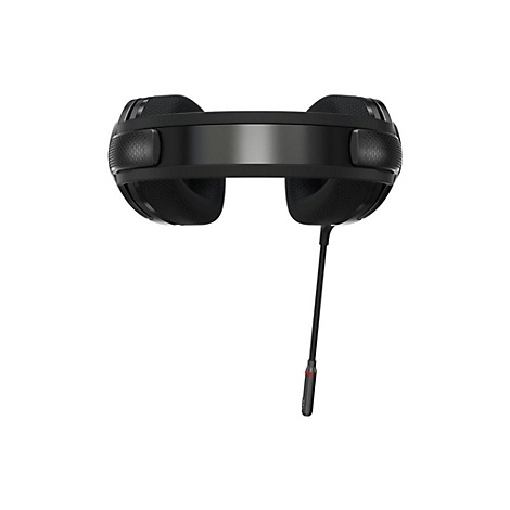 Schwarzes Gaming-Headset in der Frontansicht vor weißem Hintergrund mit abstehendem Mikrofonarm.