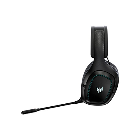 Schwarzes Acer Predator Gaming-Headset mit blau beleuchtetem Logo und ausklappbarem Mikrofon vor weißem Hintergrund.