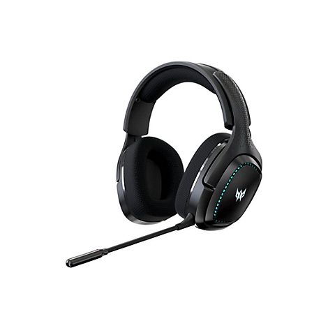 Schwarzes Acer Predator Gaming-Headset mit blauem Lichteffekt und Mikrofon vor weißem Hintergrund.
