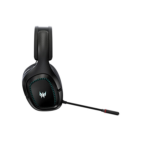 Schwarzes Gaming-Headset mit blauem Predator-Logo auf der Ohrmuschel und ausziehbarem Mikrofon vor weißem Hintergrund.
