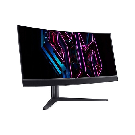 Acer Predator Curved Gaming-Monitor vor weißem Hintergrund mit leuchtendem, abstraktem Grafikdesign auf dem Display.