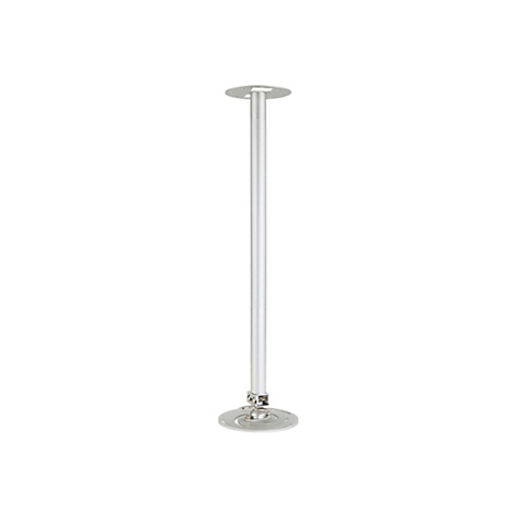 Silberne Deckenhalterung mit langem vertikalem Rohr und runden Montageplatten.