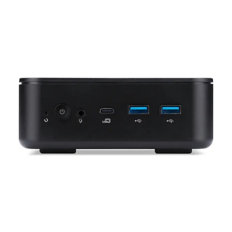 Schwarzer Mini-PC mit Anschlüssen, darunter USB und Audio, auf weißem Hintergrund.