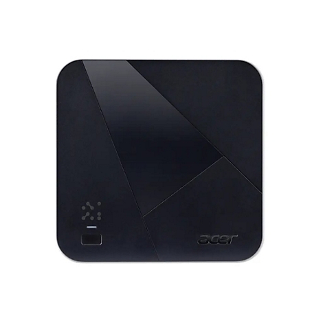 Schwarzes Acer-Gerät mit geometrischem Design. Unten links befinden sich Anzeigen, rechts der Schriftzug Acer.