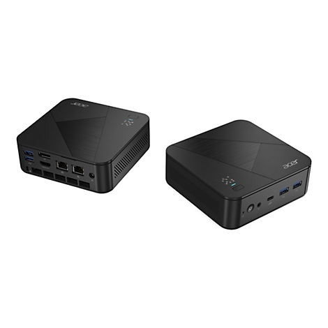 Zwei schwarze Acer Desktop-PCs mit diversen Anschlüssen, wie USB, HDMI und LAN. Auf der Oberseite steht das Acer-Logo.