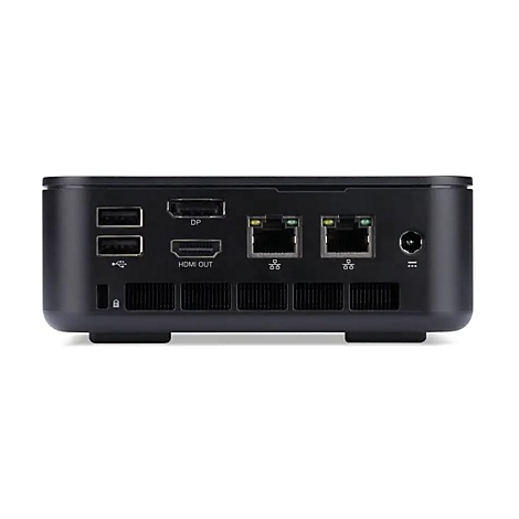 Schwarzer Mini-PC mit Anschlüssen für USB, HDMI, DP, Ethernet und Stromversorgung.