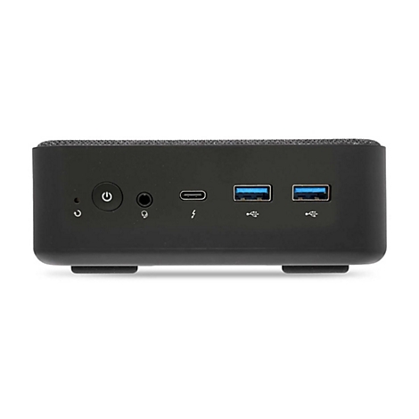 Schwarzer Mini-PC mit Anschlüssen wie USB, Stromanschluss und Kopfhöreranschluss.