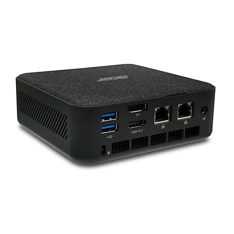 Schwarzer Mini-PC von Acer. Oberseite mit Stoffmuster, Anschlüsse auf der Rückseite, darunter HDMI und DP.