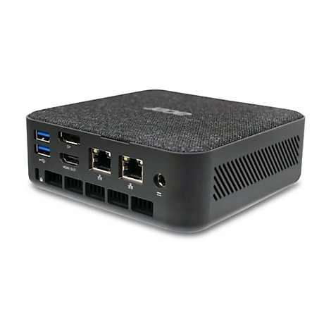 Schwarzer Mini-PC mit grauem Stoffbezug. Sichtbar sind Anschlüsse wie USB, HDMI und Ethernet.