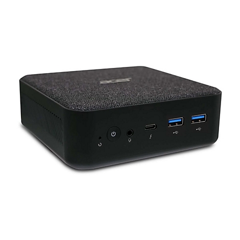 Schwarzer Acer Mini-PC, die Oberseite mit Stoffstruktur. Auf der Vorderseite befinden sich Anschlüsse und ein Power-Knopf.