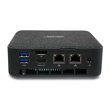 Schwarzer Acer-Mini-PC mit Anschlüssen für USB, HDMI, DP und Ethernet. Der Deckel ist dunkelgrau strukturiert.
