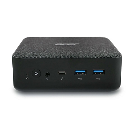 Schwarzer Mini-PC, die Front zeigt Anschlüsse: Audio, Strom, USB-A, USB-C.