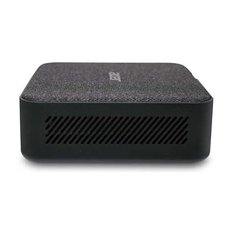 Schwarzer Mini-PC von Acer. Obere Abdeckung grau meliert, Unterteil schwarz mit Lüftungsschlitzen. Acer-Logo oben.