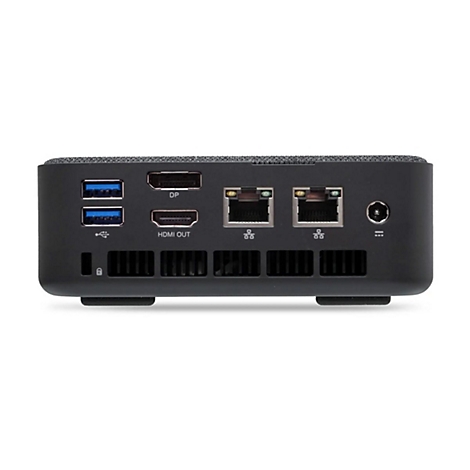 Rückseite eines schwarzen Mini-PCs. Anschlüsse: USB, HDMI, DisplayPort, Ethernet, Stromanschluss.
