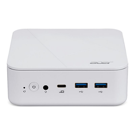 Weißer Acer Mini-PC mit USB-Anschlüssen und Power-Knopf. Obere Abdeckung mit diagonalen Linien. Das Acer-Logo ist sichtbar.