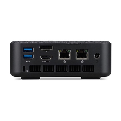Schwarzer Mini-PC von hinten: Anschlüsse für USB, HDMI, LAN und Stromanschluss.