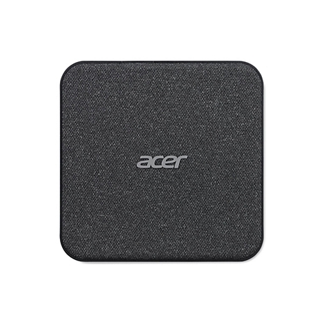 Ein quadratisches, schwarzes kabelloses Ladegerät mit Acer-Logo.