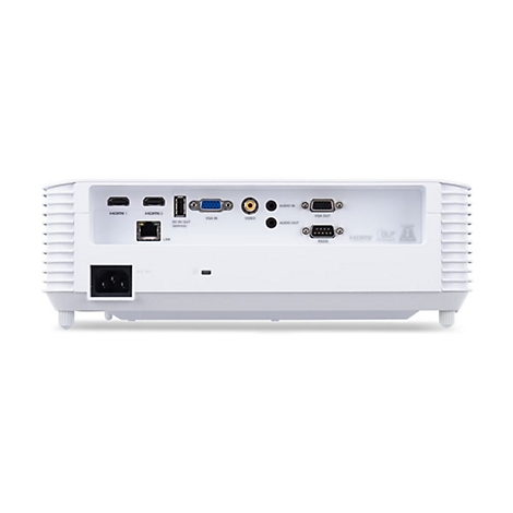 Rückansicht eines weißen Projektors mit zahlreichen Anschlüssen wie HDMI, VGA, Audio und LAN vor weißem Hintergrund.