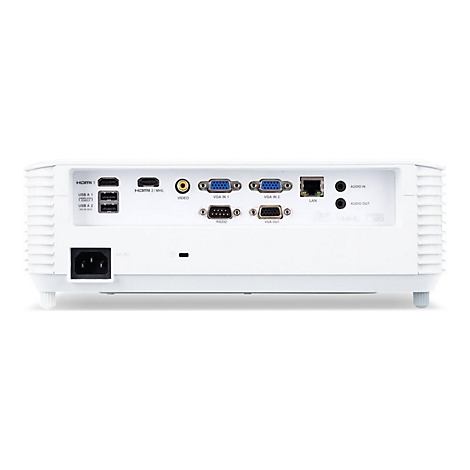 Rückseite eines weißen Projektors mit zahlreichen Anschlussmöglichkeiten wie HDMI, VGA, USB und LAN.