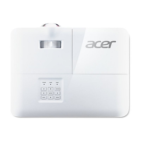 Acer Beamer in weißer Gehäusefarbe mit Bedienfeld auf der Oberseite und sichtbarem Objektiv.
