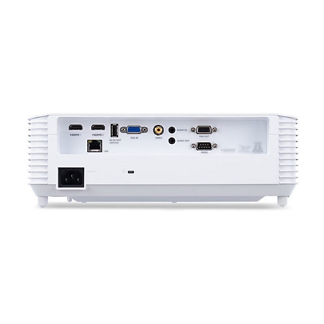Rückseite eines weißen Projektors mit zahlreichen Anschlüssen wie HDMI, VGA, USB und LAN.
