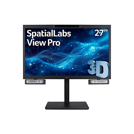 Schwarzer 27-Zoll Acer SpatialLabs View Pro Monitor auf Standfuß mit 3D-Schriftzug und blauem Displayhintergrund.