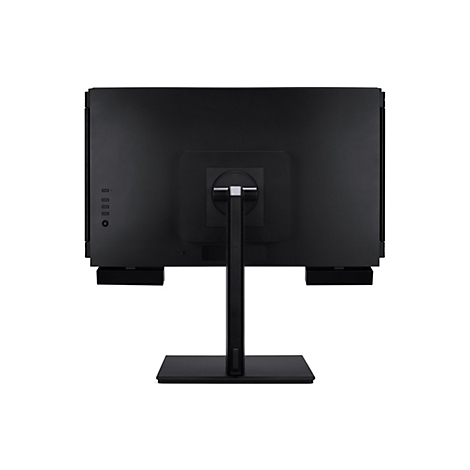 Rückseite eines schwarzen Computer-Monitors mit Standfuß vor weißem Hintergrund.
