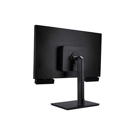 Rückseite eines schwarzen Monitors mit Standfuß vor weißem Hintergrund.